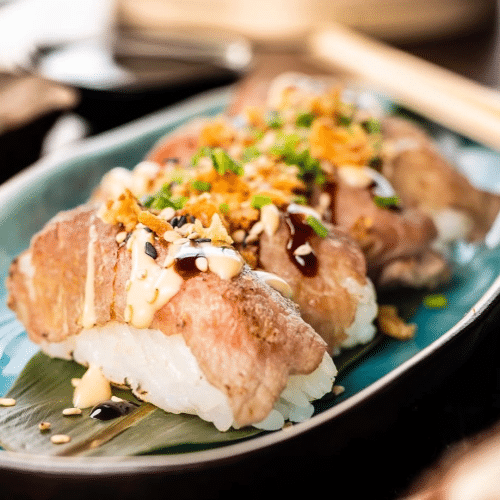 Flamed beef nigiri