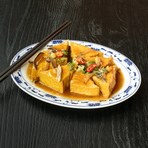 Tofu, eggplant and paprika stuffed with minced fish