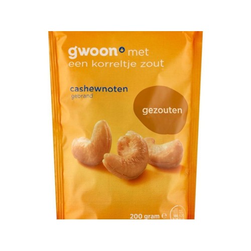 g'woon cashewnoten gezouten Zak 200 Gram