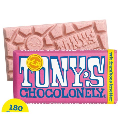 Tony's chocolonely tablet wit framboos knettersuiker 180 gram